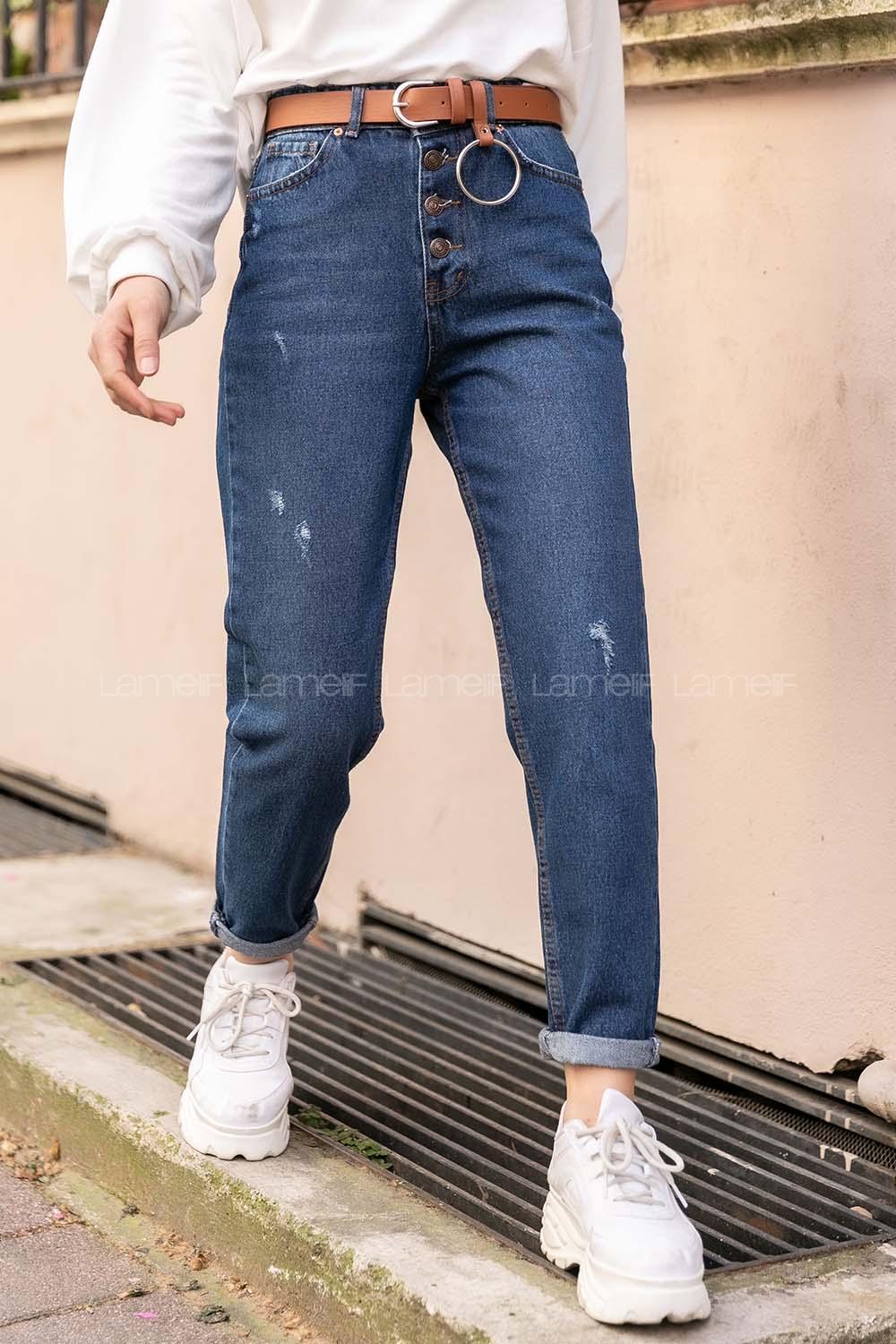 Modalamelif Ön Düğmeli  Tırnaklı Mom Jean Mavi