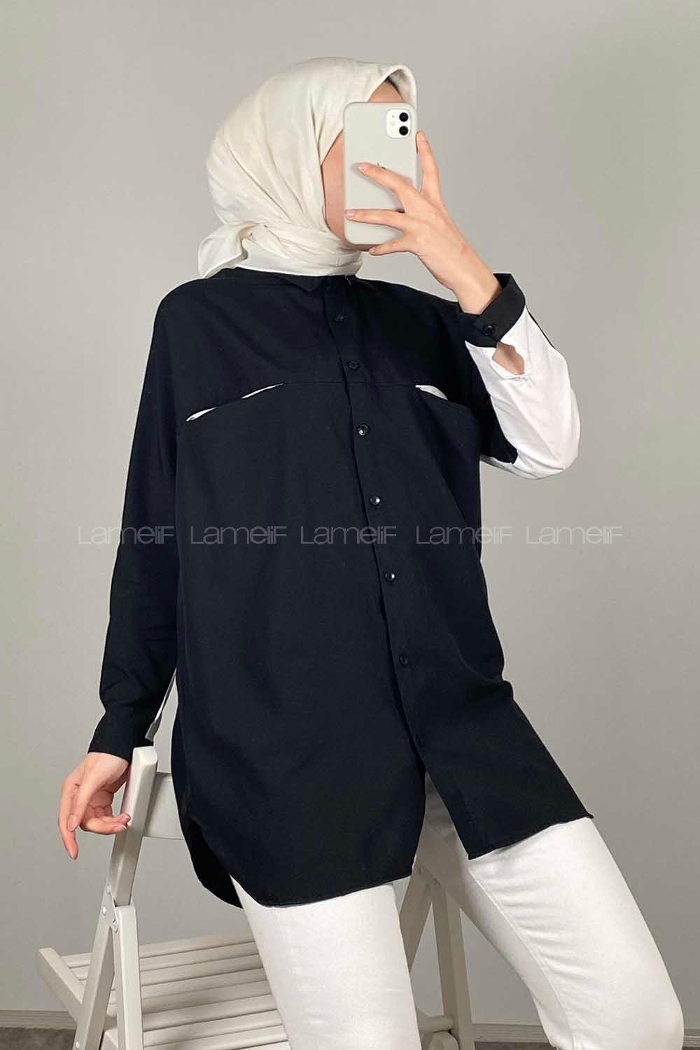Modalamelif Çift Cepli Garnili Gömlek Siyah