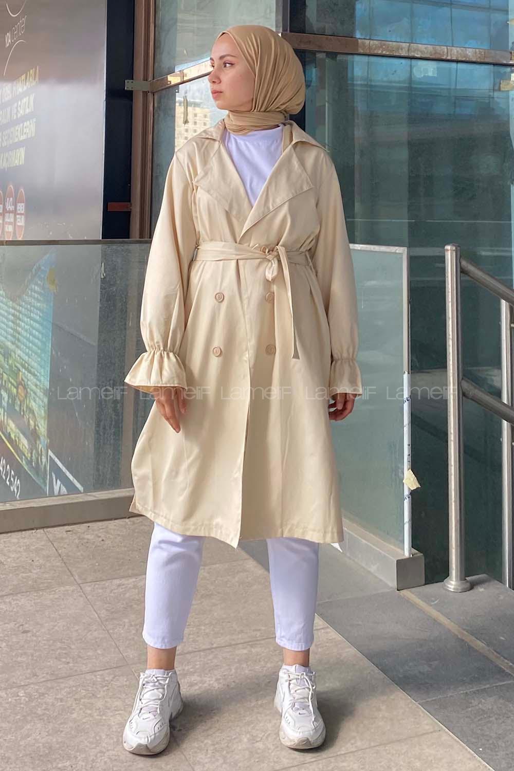 Lamelif Kol Lastikli Belden Bağlamalı Trenç Taş