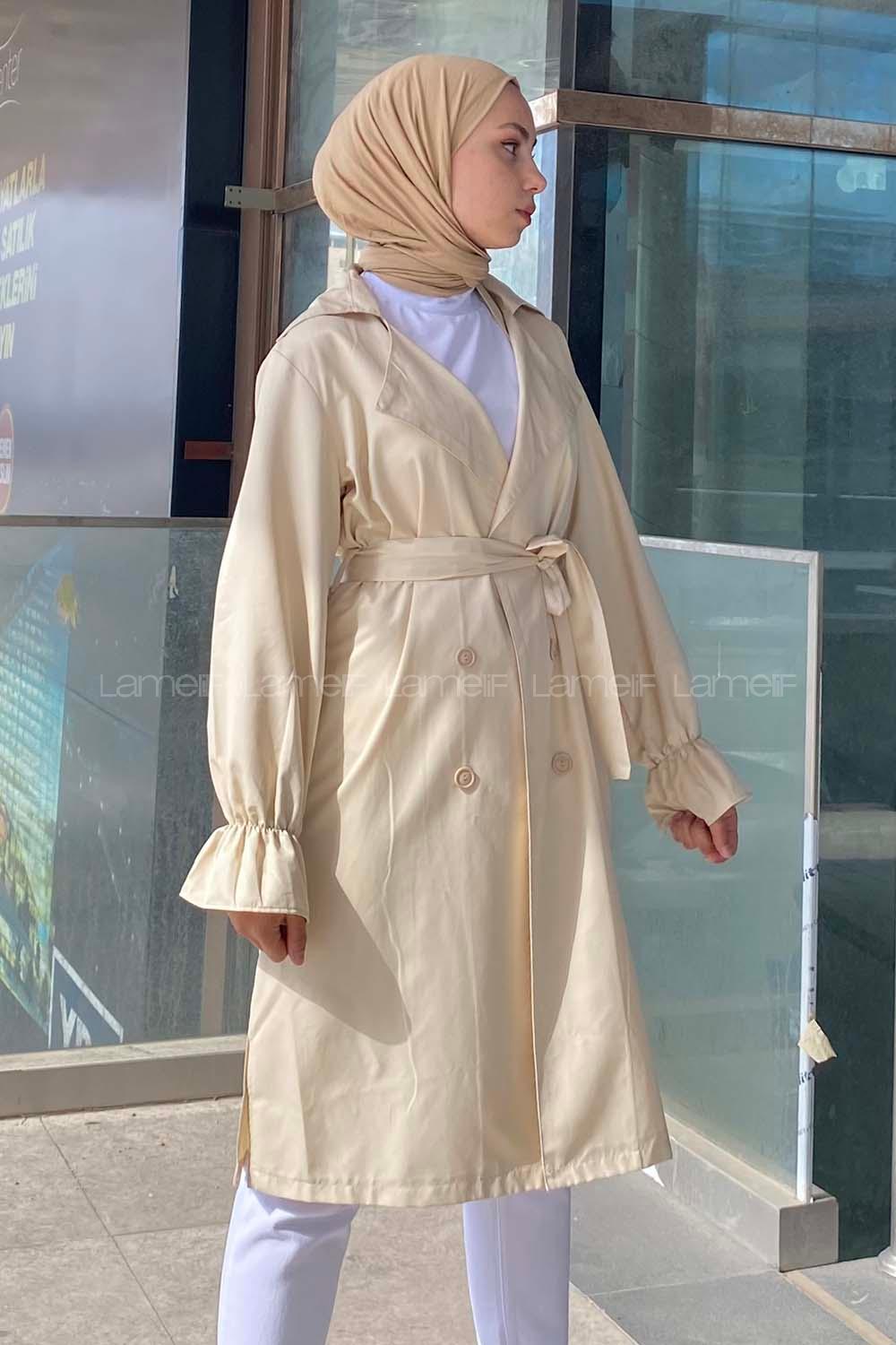 Lamelif Kol Lastikli Belden Bağlamalı Trenç Taş