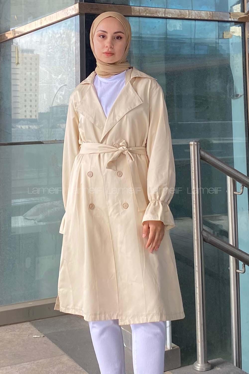 Lamelif Kol Lastikli Belden Bağlamalı Trenç Taş