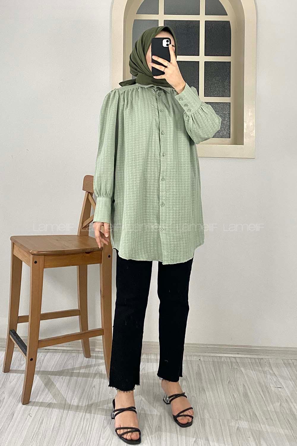 Modalamelif Büzgülü Salaş Gömlek Çağla