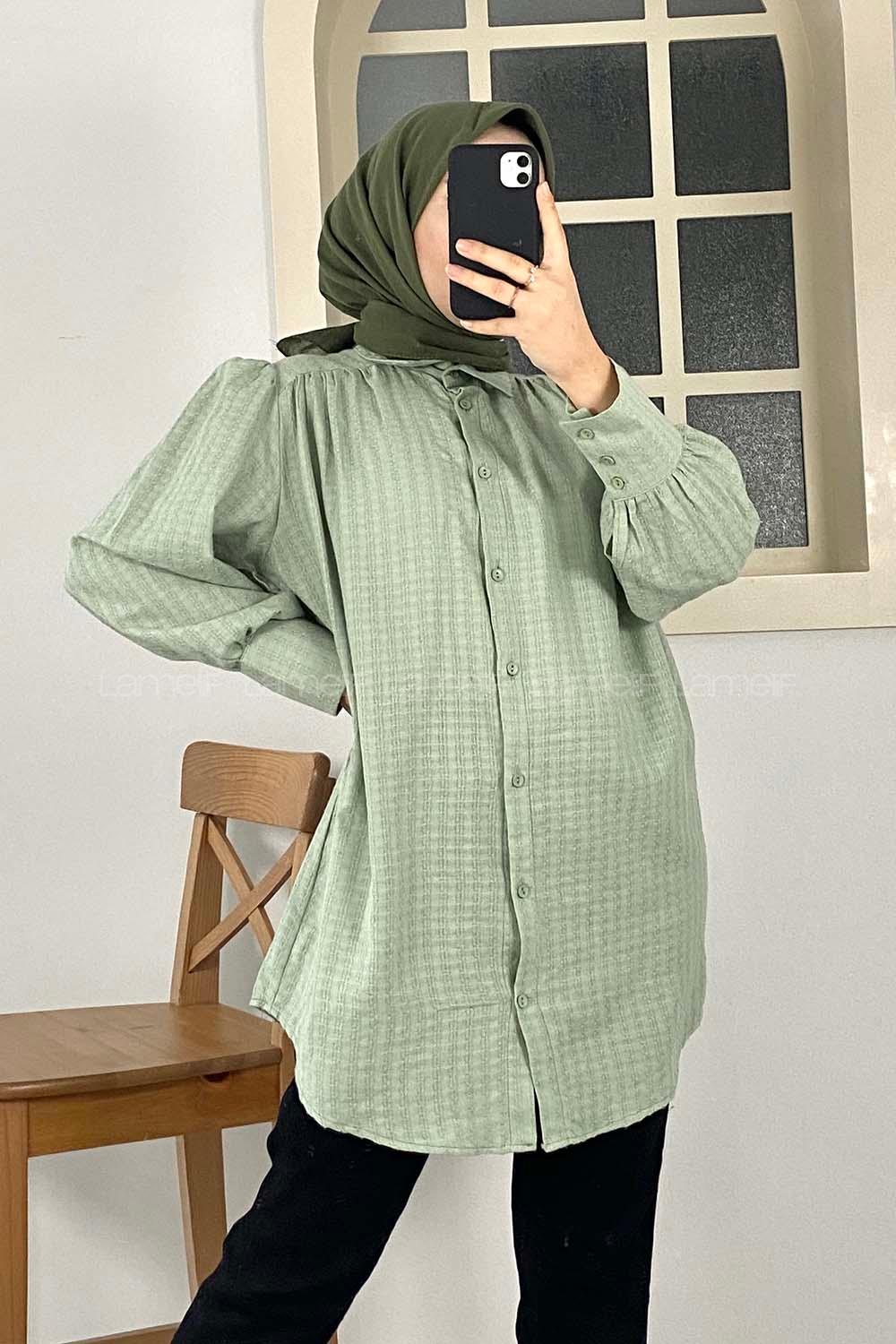 Modalamelif Büzgülü Salaş Gömlek Çağla