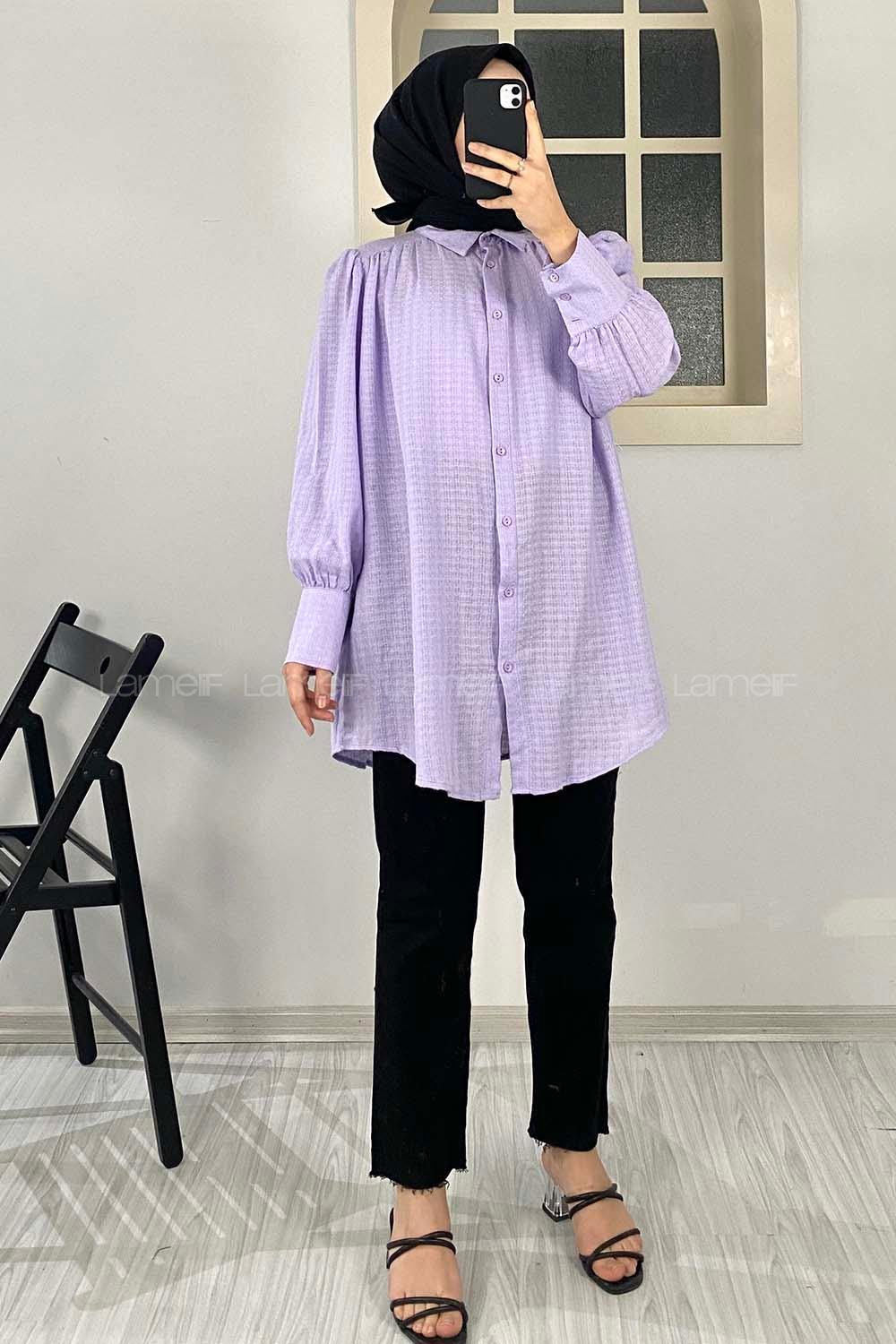 Modalamelif Büzgülü Salaş Gömlek Lila