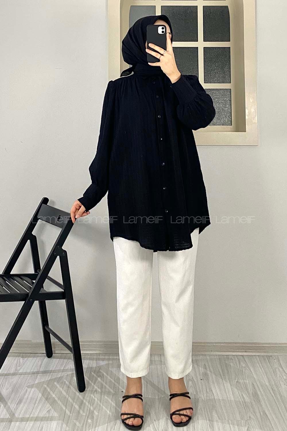 Modalamelif Büzgülü Salaş Gömlek Siyah