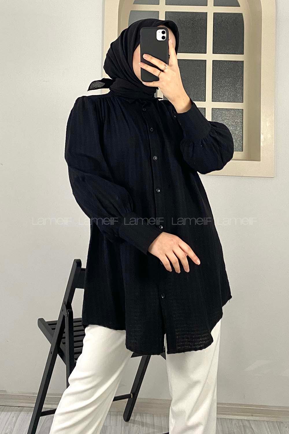 Modalamelif Büzgülü Salaş Gömlek Siyah