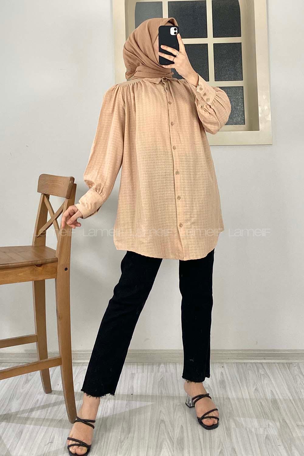 Modalamelif Büzgülü Salaş Gömlek Sütlü Kahve