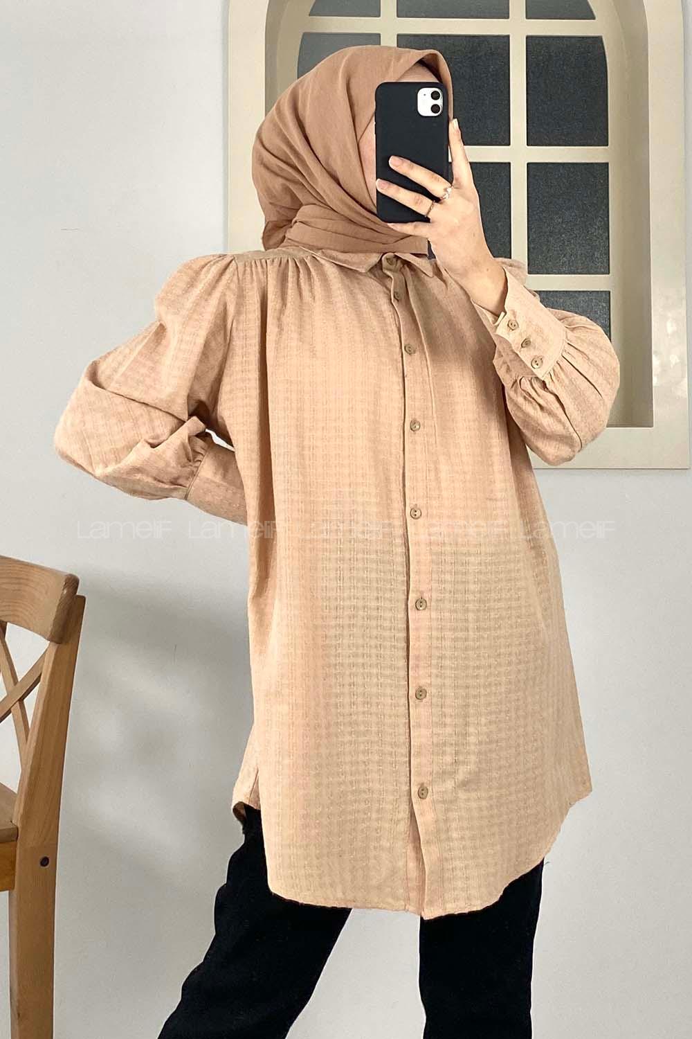 Modalamelif Büzgülü Salaş Gömlek Sütlü Kahve