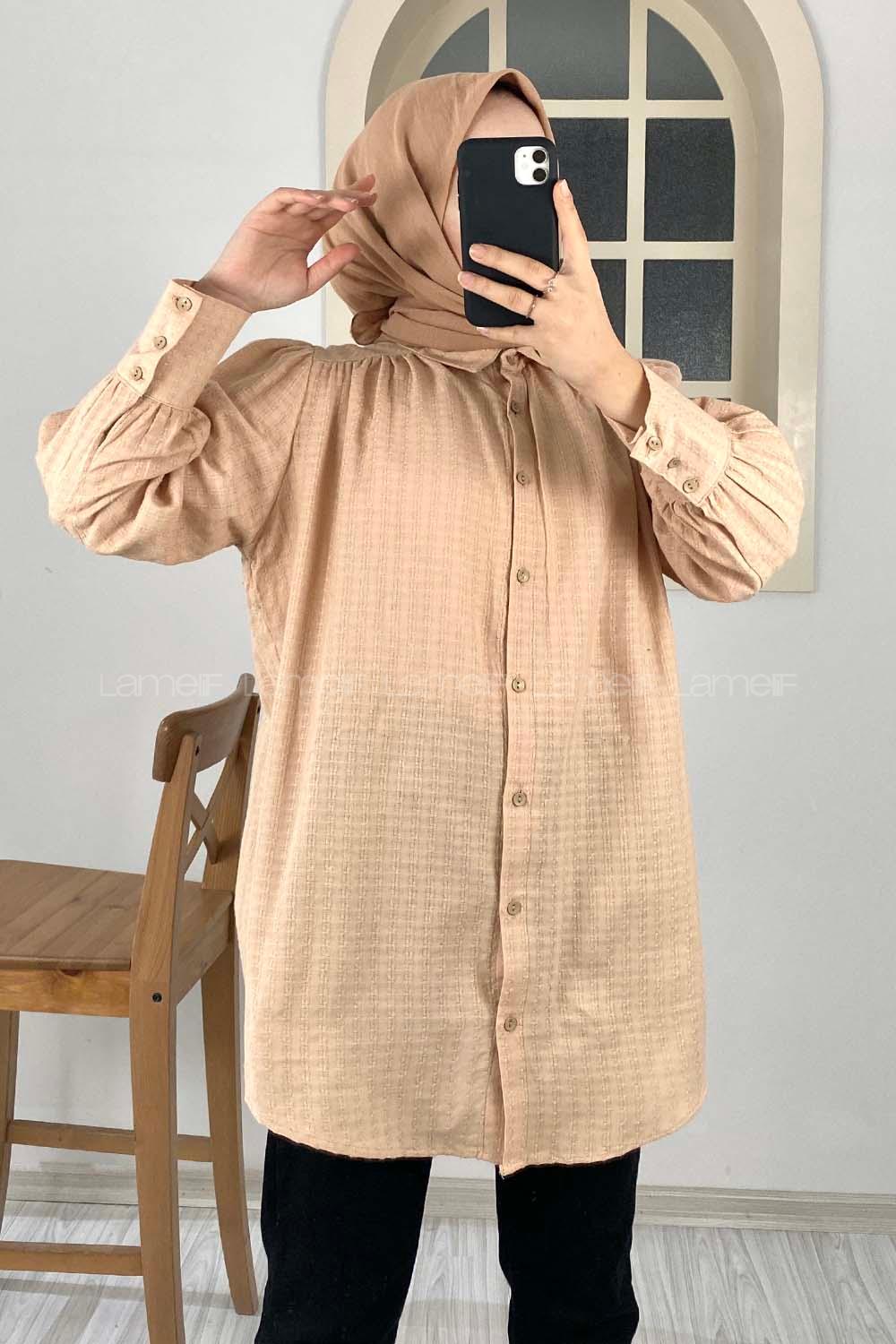 Modalamelif Büzgülü Salaş Gömlek Sütlü Kahve