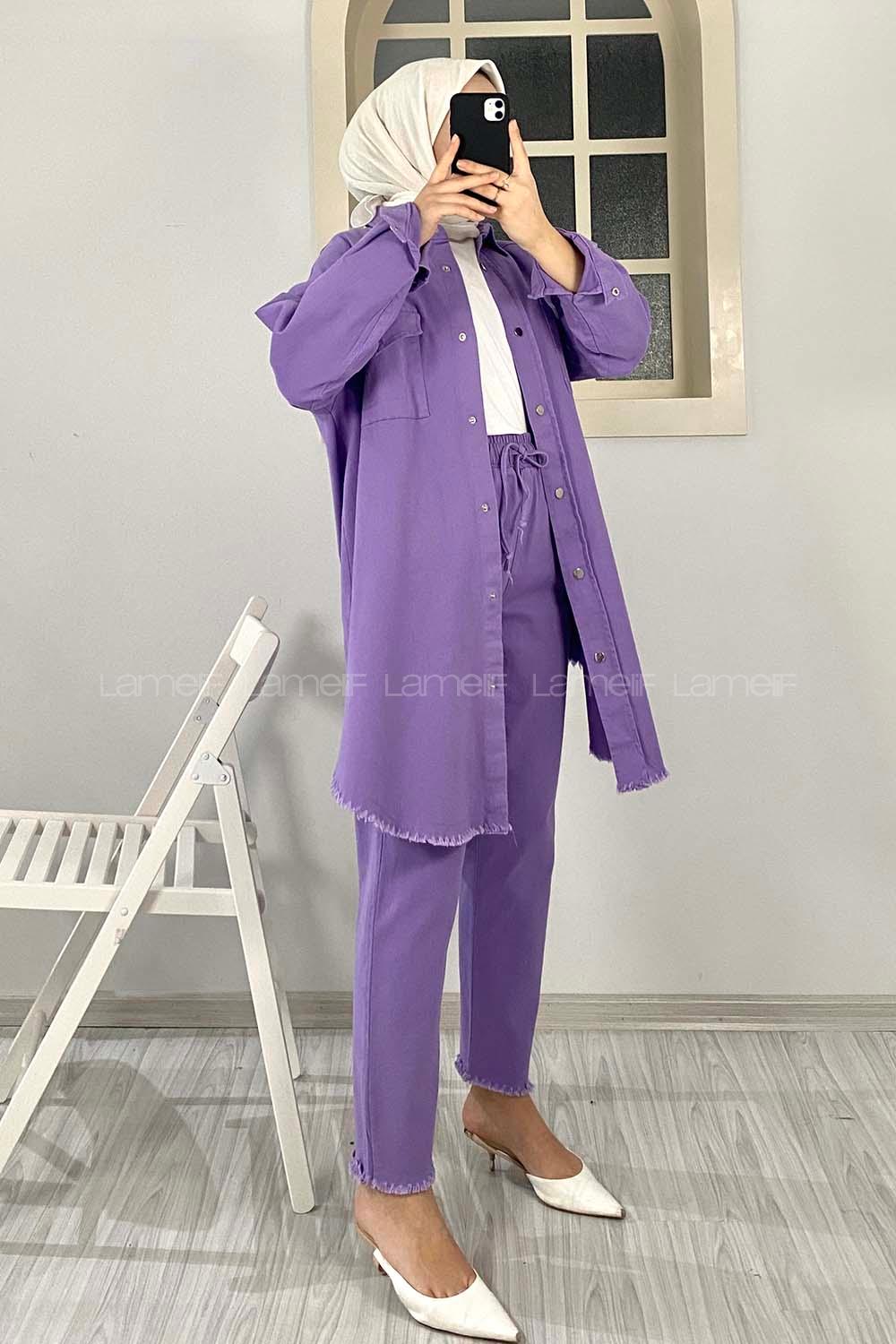 Modalamelif Etek Ucu Püsküllü Ceket Pantolon Takım Eflatun