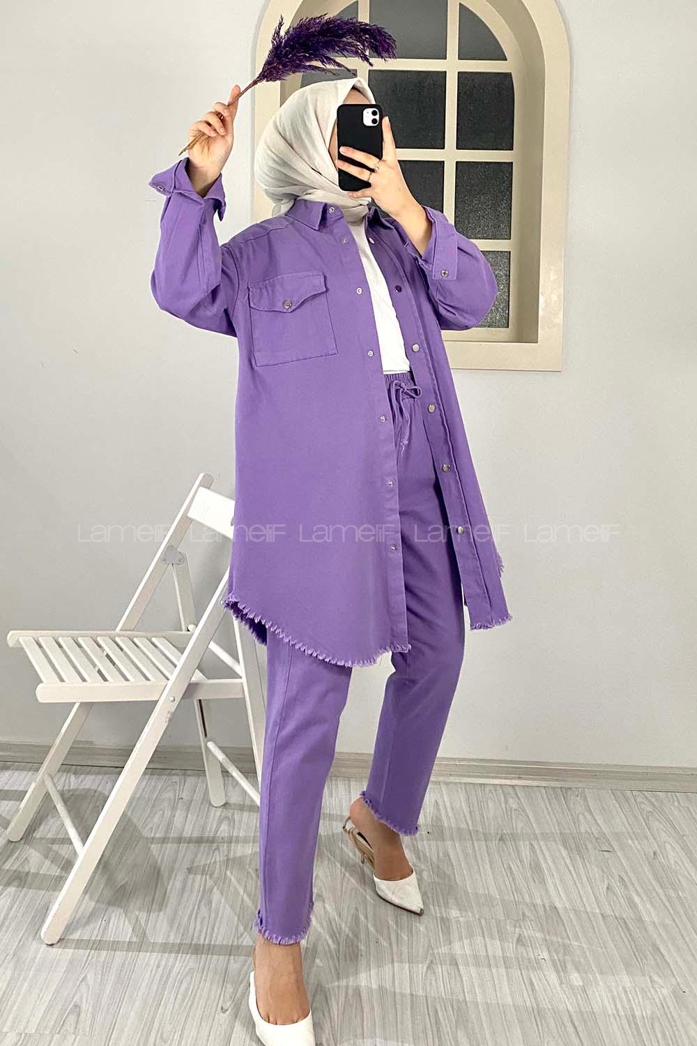 Modalamelif Etek Ucu Püsküllü Ceket Pantolon Takım Eflatun