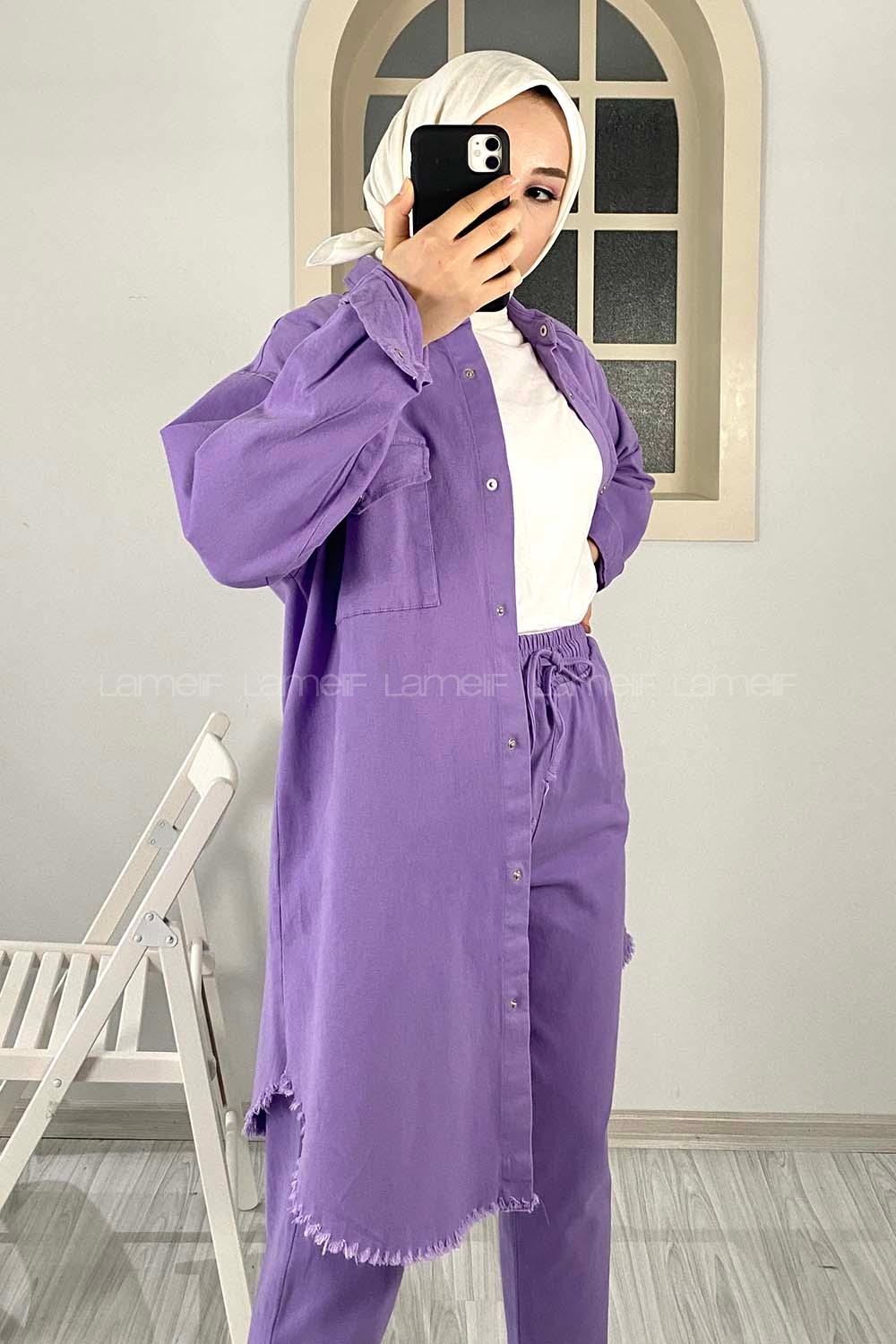 Modalamelif Etek Ucu Püsküllü Ceket Pantolon Takım Eflatun