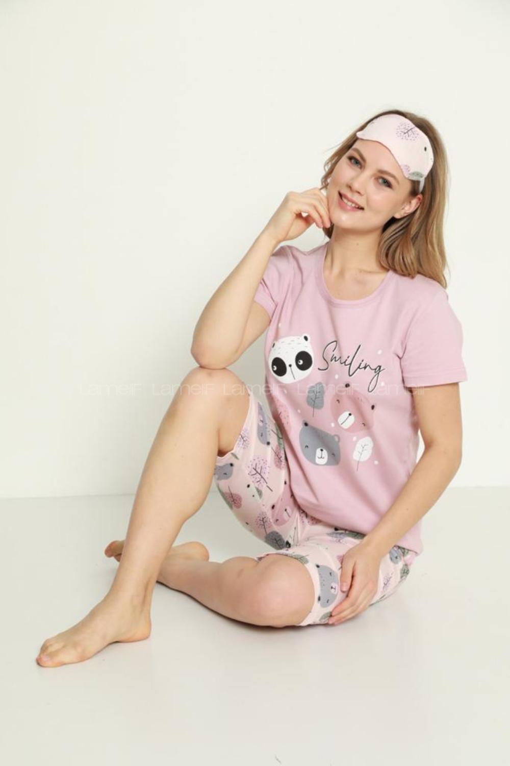 Modalamelif Similing Baskılı Şhort Pijama Takımı Pudra