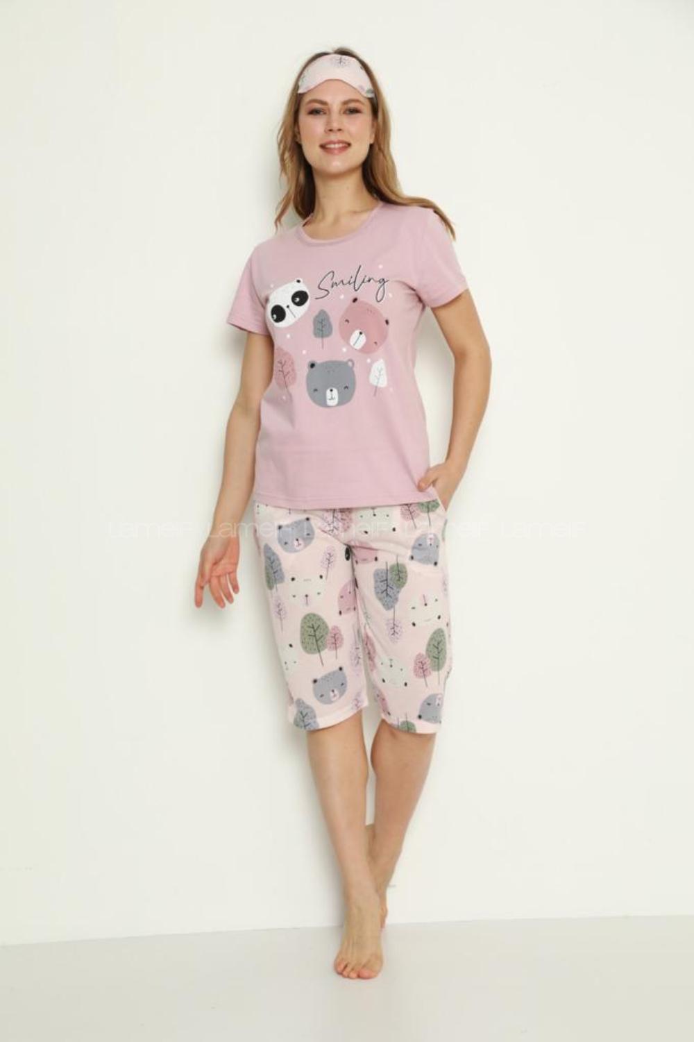 Modalamelif Similing Baskılı Şhort Pijama Takımı Pudra