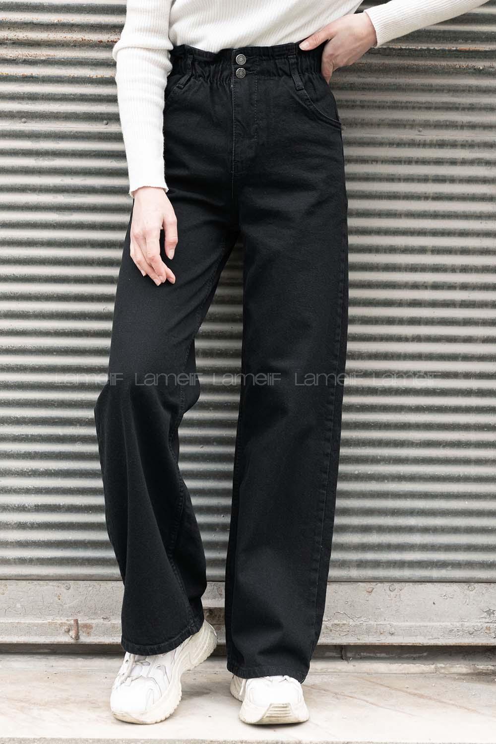 Lamelif Bel Lastikli Bol Paça Jean Siyah