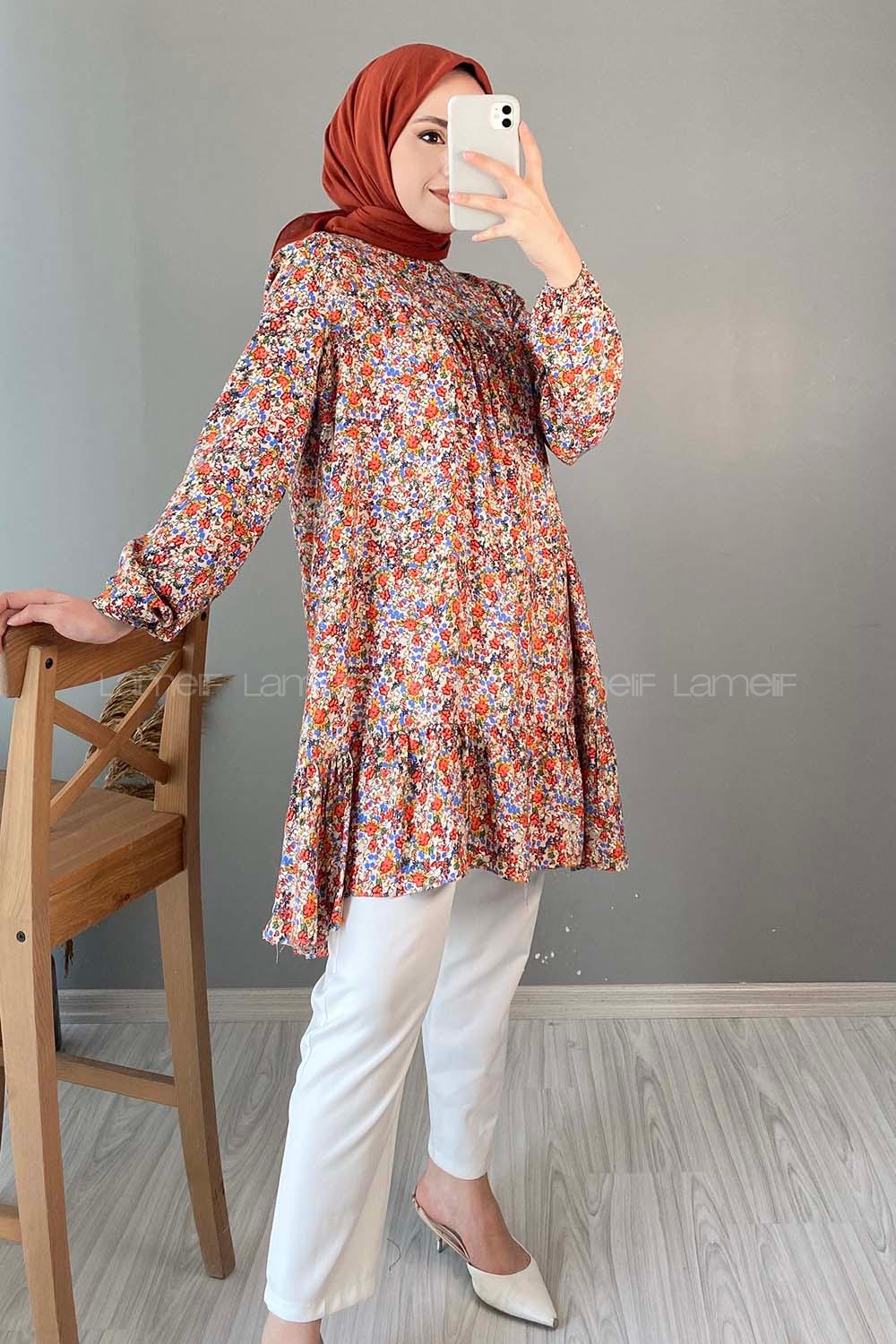 Modalamelif Çiçek Desen Eteği Fırfırlı Tunik Kiremit