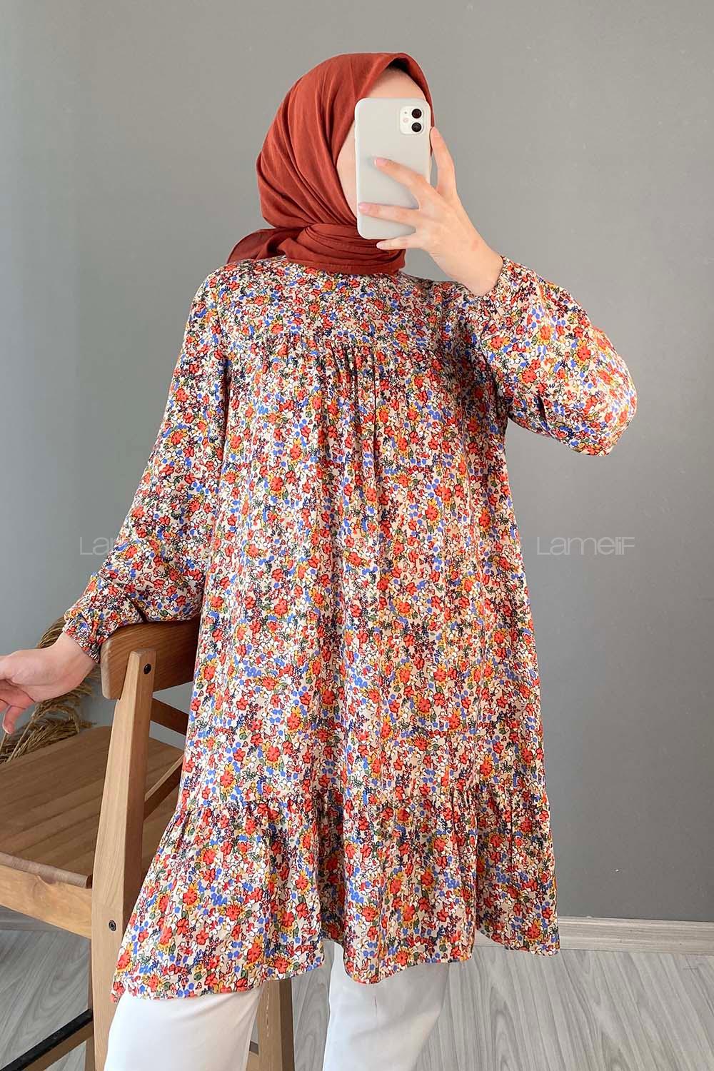 Modalamelif Çiçek Desen Eteği Fırfırlı Tunik Kiremit