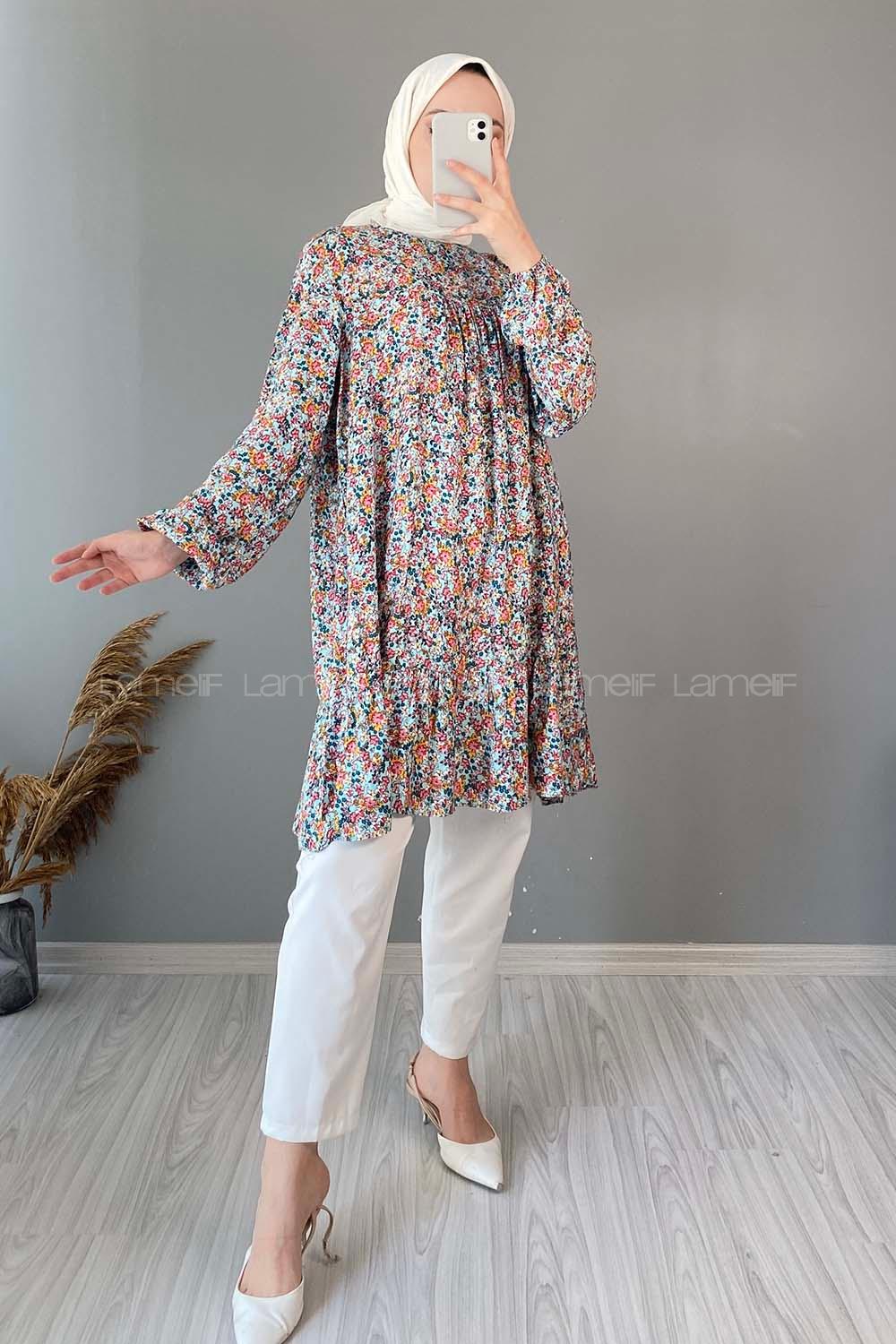 Modalamelif Çiçek Desen Eteği Fırfırlı Tunik Turkuaz