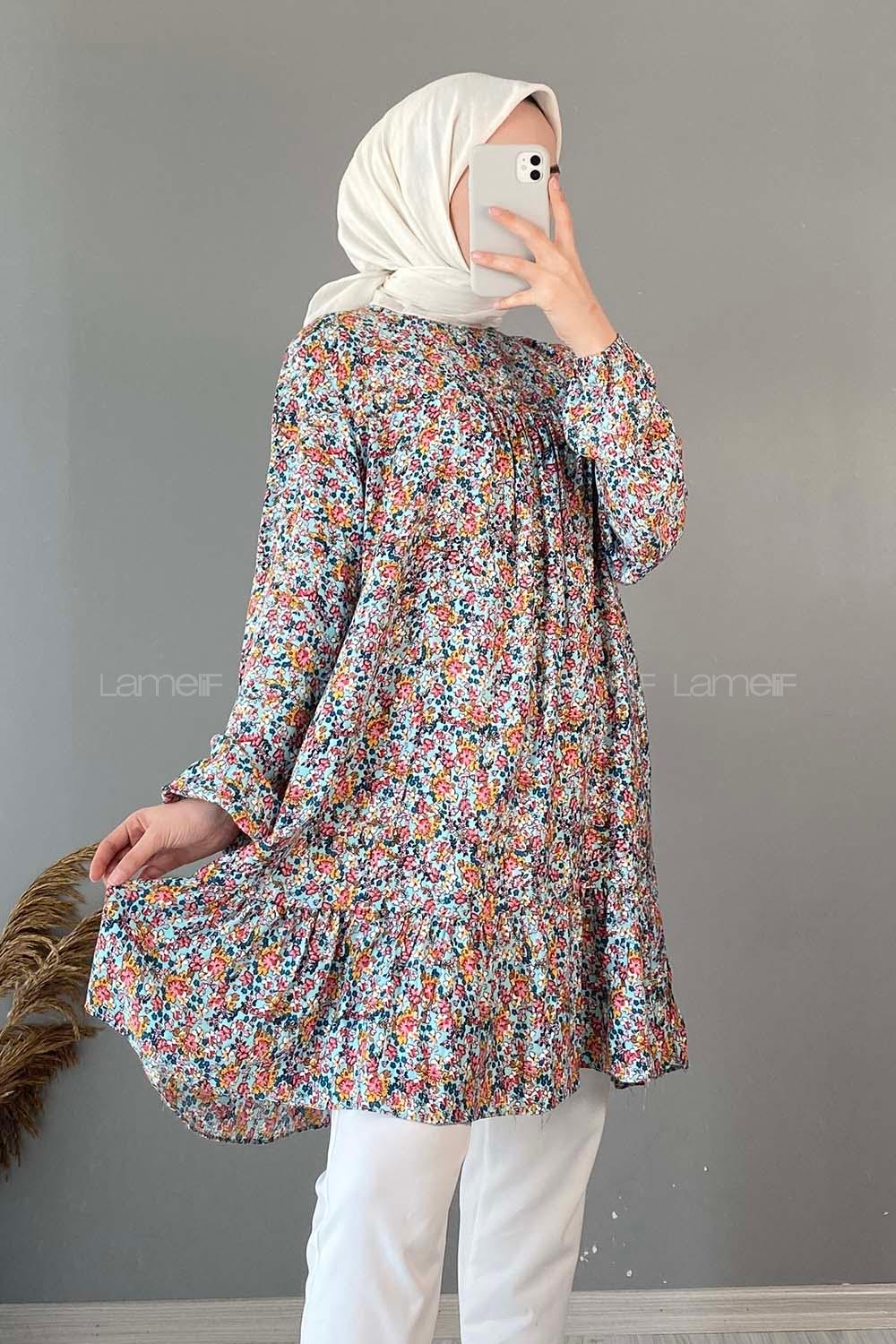 Modalamelif Çiçek Desen Eteği Fırfırlı Tunik Turkuaz