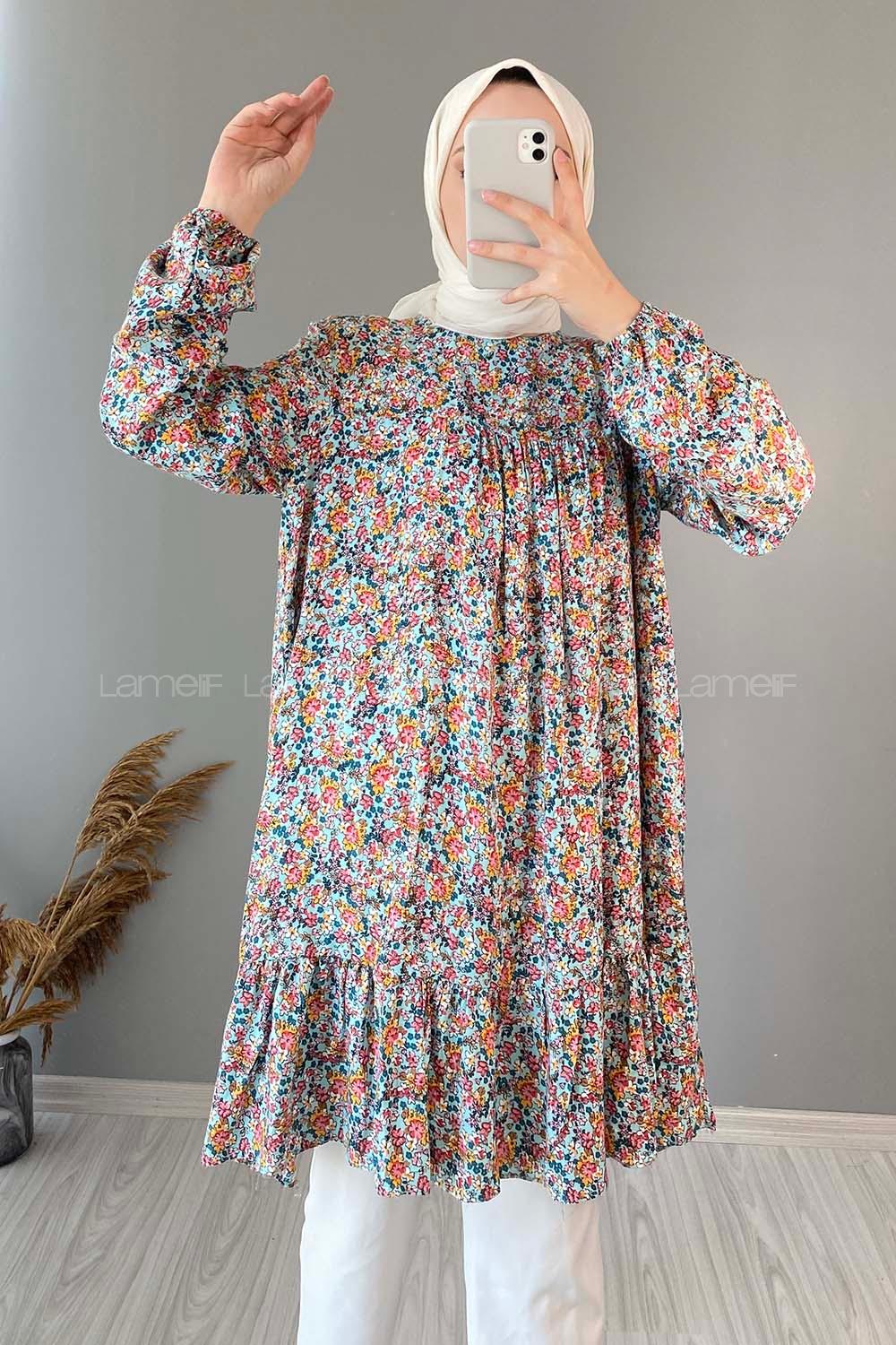 Modalamelif Çiçek Desen Eteği Fırfırlı Tunik Turkuaz
