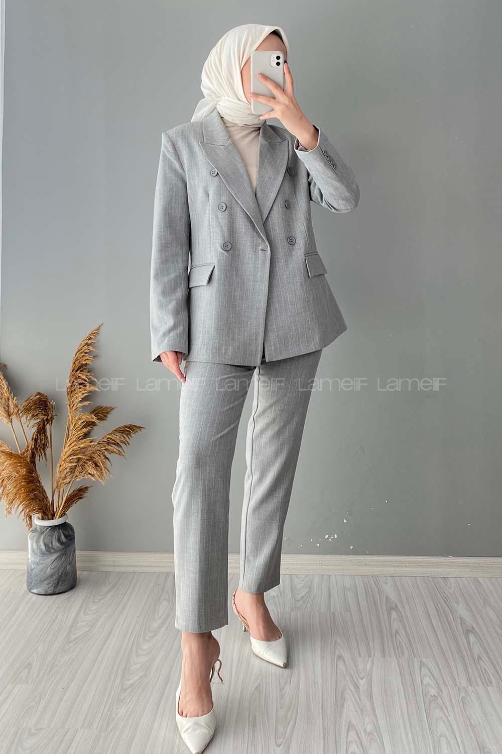 Modalamelif Çizgili Ceket Pantolon İkili Takım Açık Gri