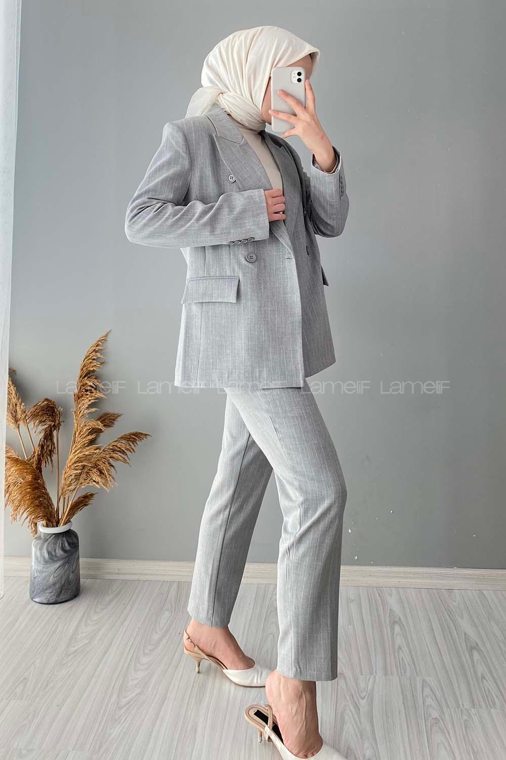 Modalamelif Çizgili Ceket Pantolon İkili Takım Açık Gri