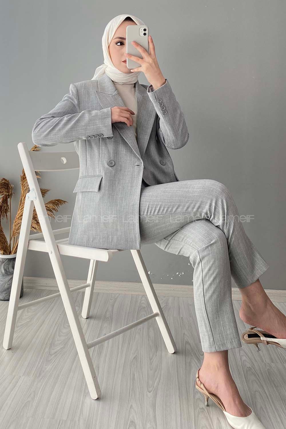 Modalamelif Çizgili Ceket Pantolon İkili Takım Açık Gri