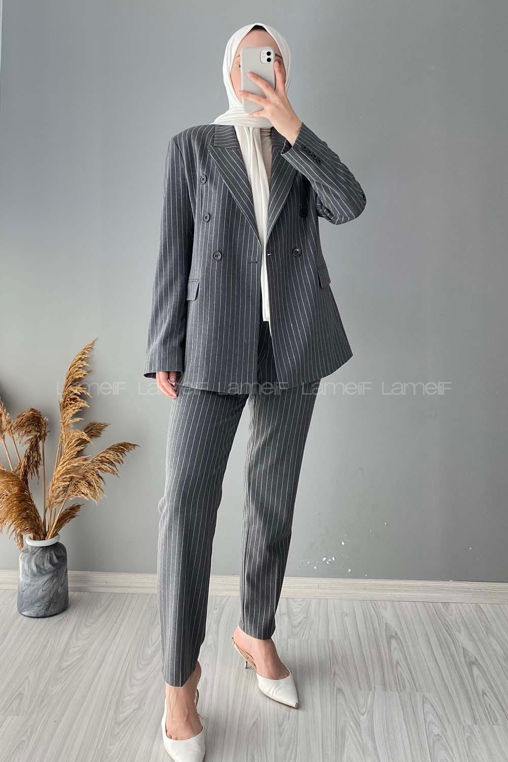 Modalamelif Çizgili Ceket Pantolon İkili Takım Gri