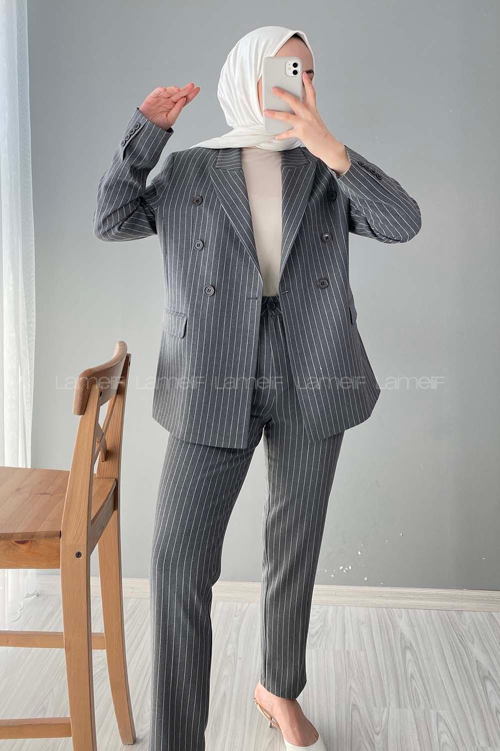 Modalamelif Çizgili Ceket Pantolon İkili Takım Gri