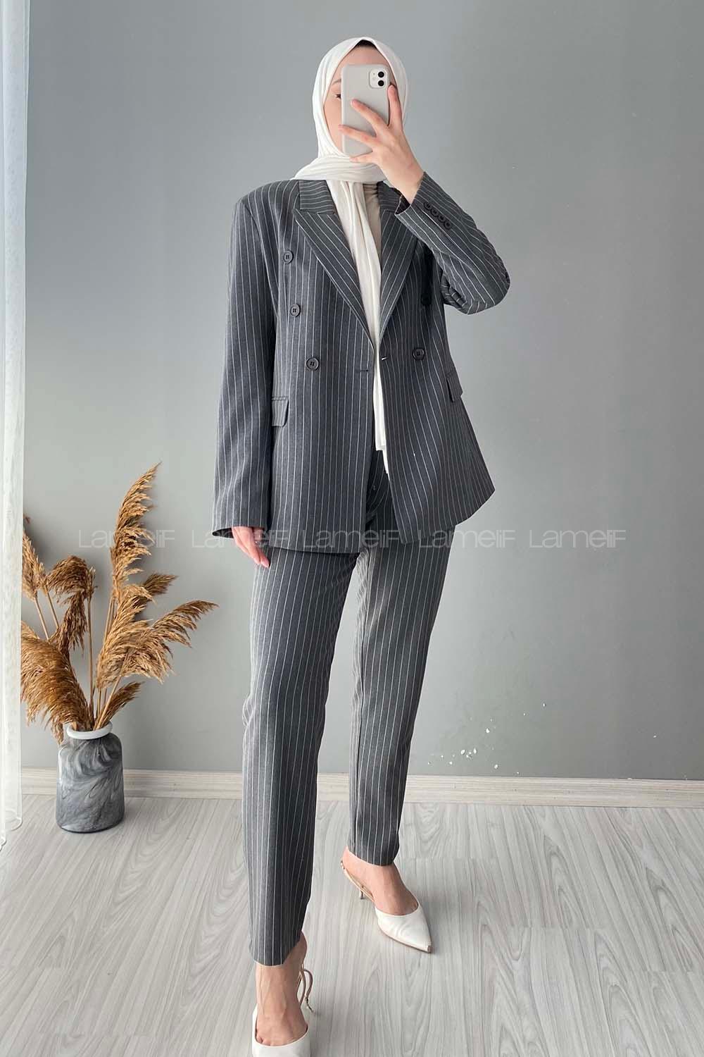Modalamelif Çizgili Ceket Pantolon İkili Takım Gri