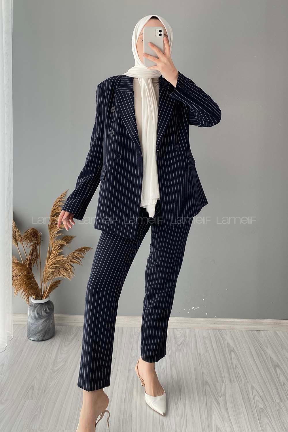 Modalamelif Çizgili Ceket Pantolon İkili Takım Lacivert