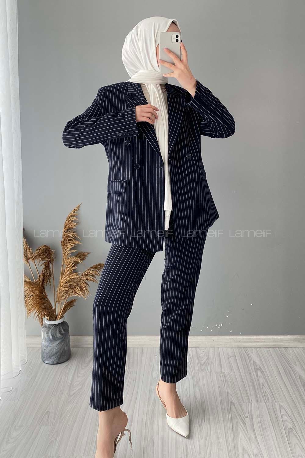 Modalamelif Çizgili Ceket Pantolon İkili Takım Lacivert