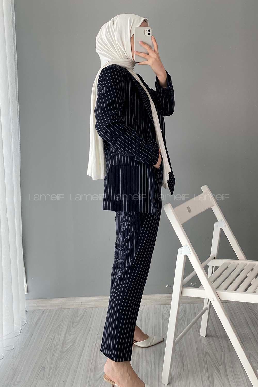 Modalamelif Çizgili Ceket Pantolon İkili Takım Lacivert