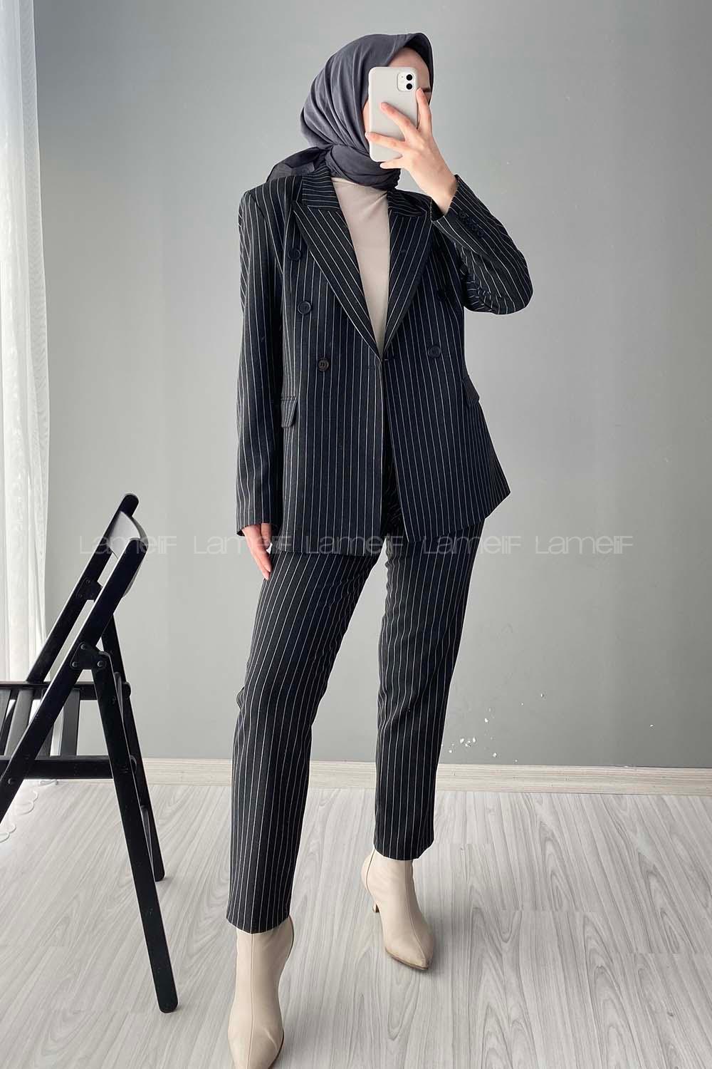 Modalamelif Çizgili Ceket Pantolon İkili Takım Siyah