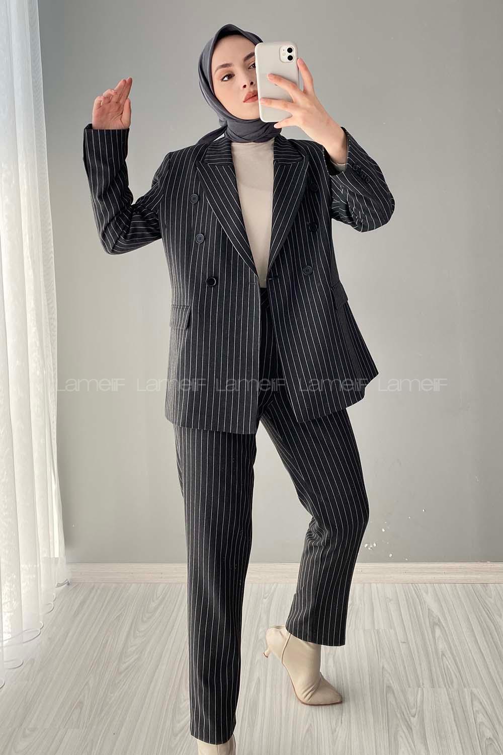 Modalamelif Çizgili Ceket Pantolon İkili Takım Siyah
