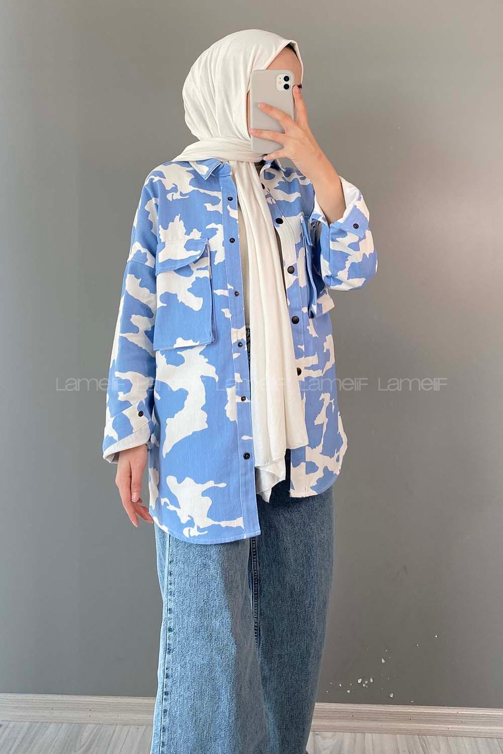 Modalamelif kamuflaj Desen Kot Ceket Açık Mavi