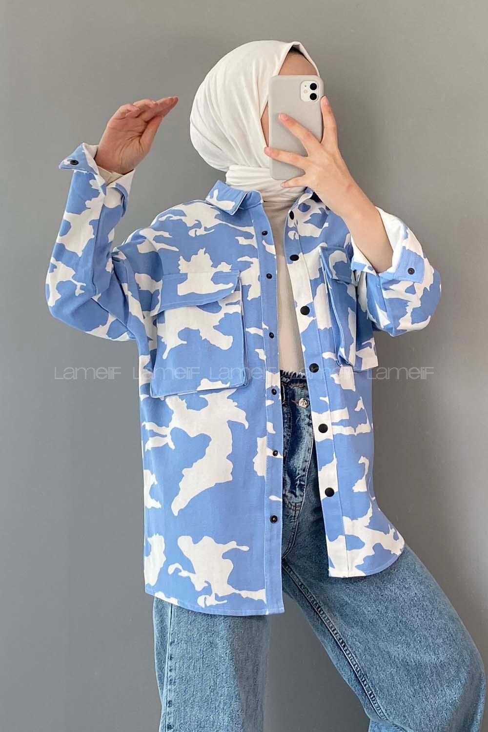 Modalamelif kamuflaj Desen Kot Ceket Açık Mavi