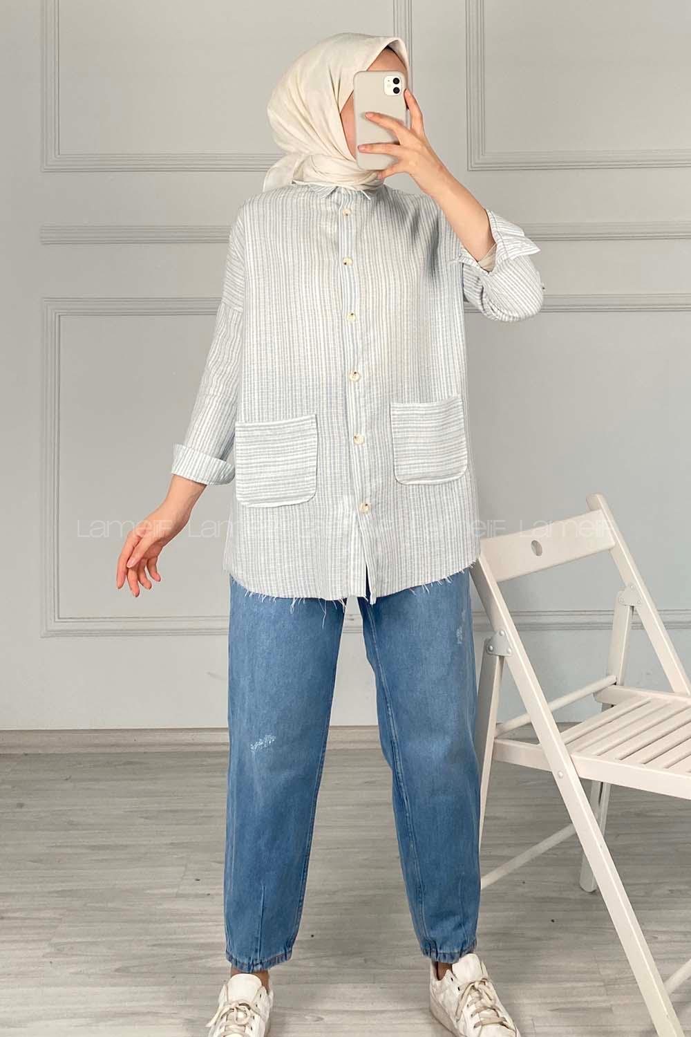 Modalamelif Körük Cepli Çizgili Keten Gömlek Açık Mavi