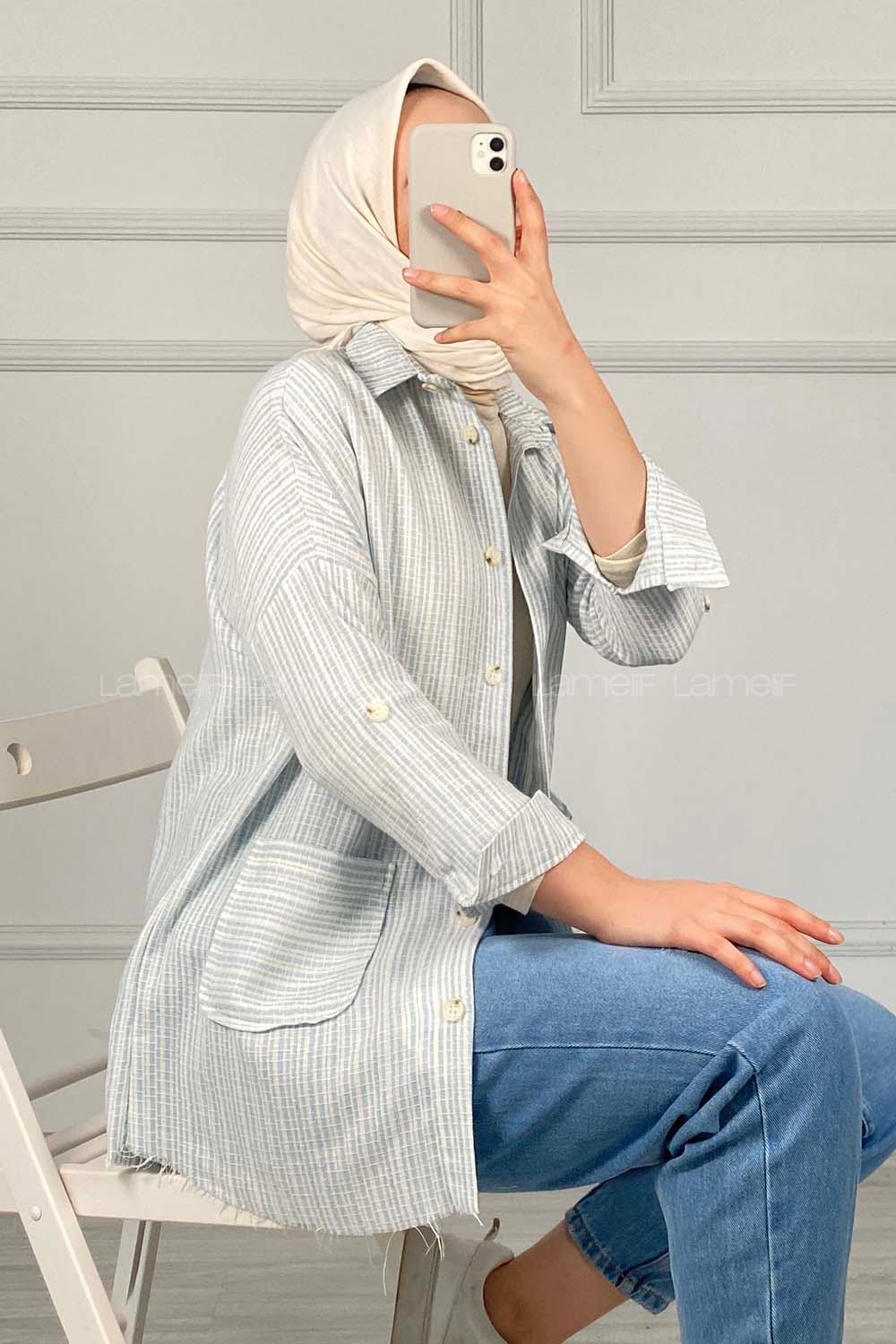 Modalamelif Körük Cepli Çizgili Keten Gömlek Açık Mavi