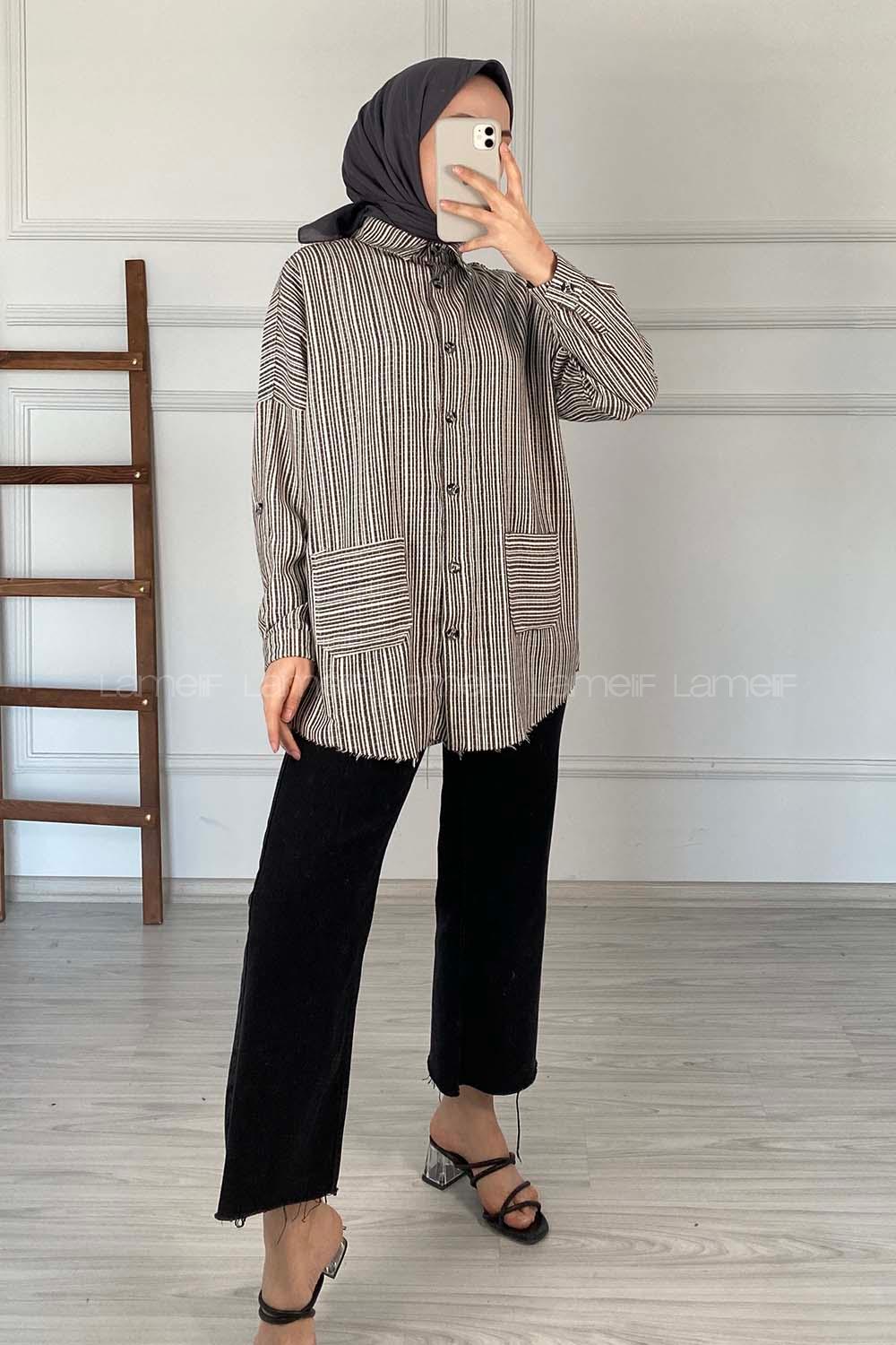 Modalamelif Körük Cepli Çizgili Keten Gömlek Siyah
