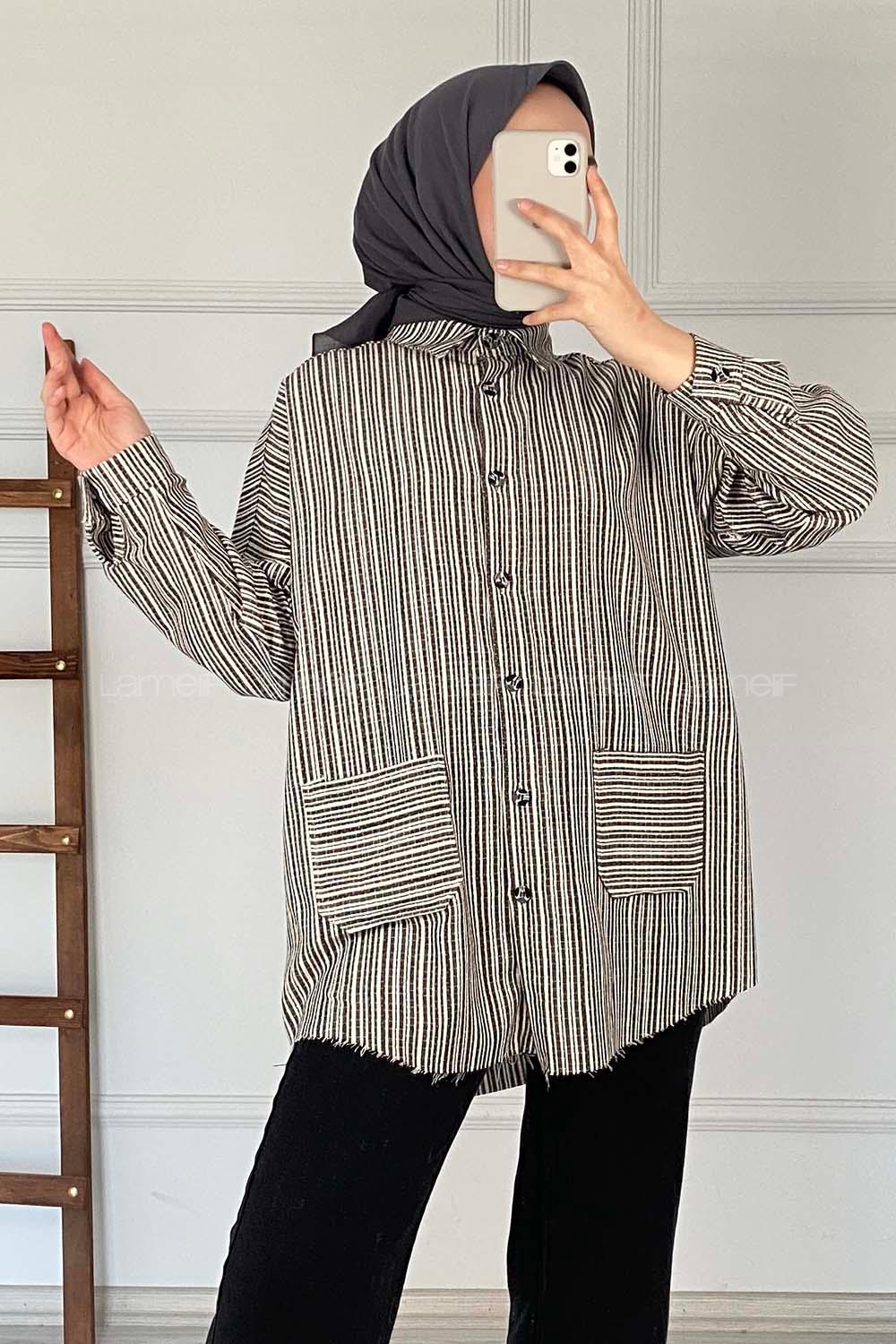 Modalamelif Körük Cepli Çizgili Keten Gömlek Siyah