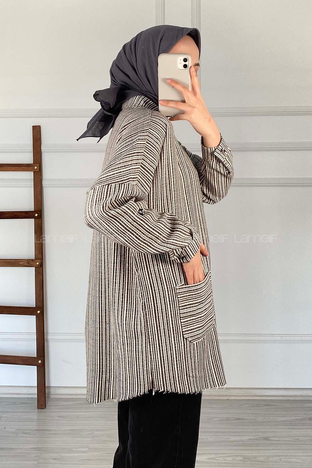 Modalamelif Körük Cepli Çizgili Keten Gömlek Siyah