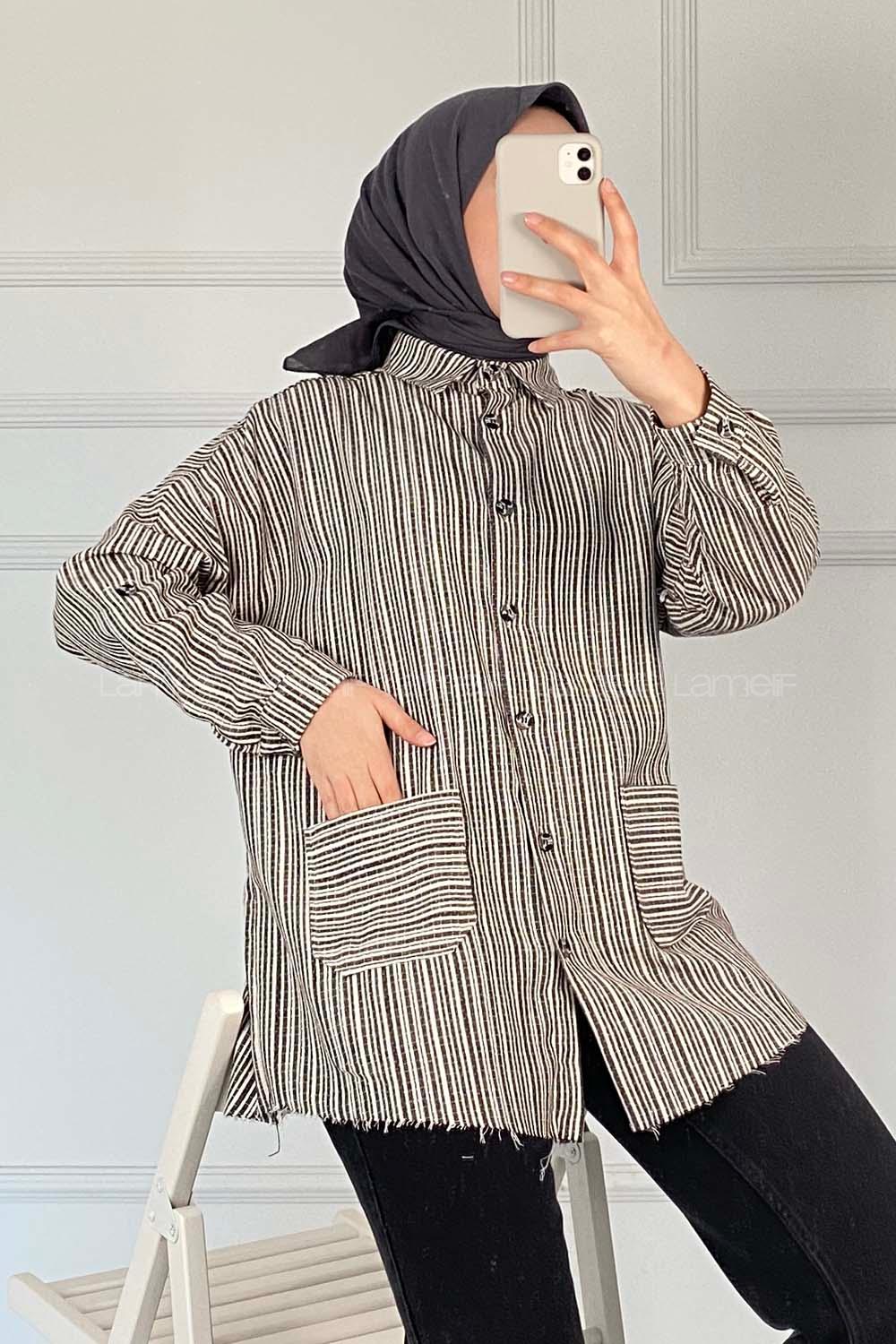 Modalamelif Körük Cepli Çizgili Keten Gömlek Siyah