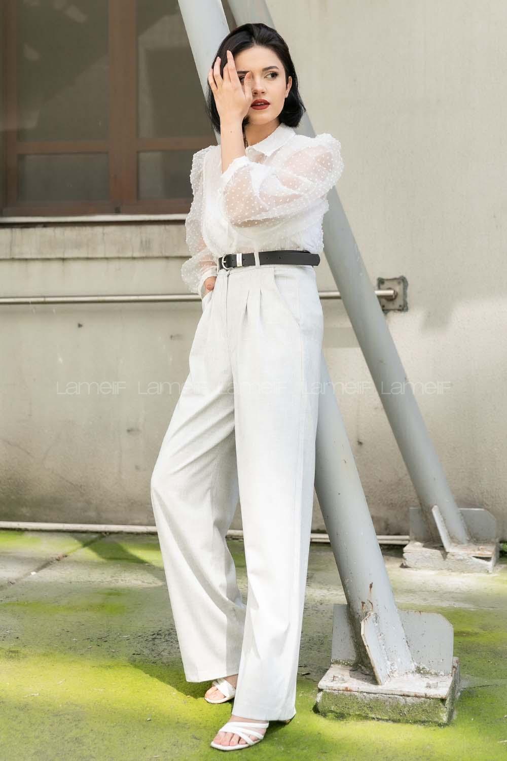 Modalamelif Pileli Bol Paça Pantolon Açık Gri