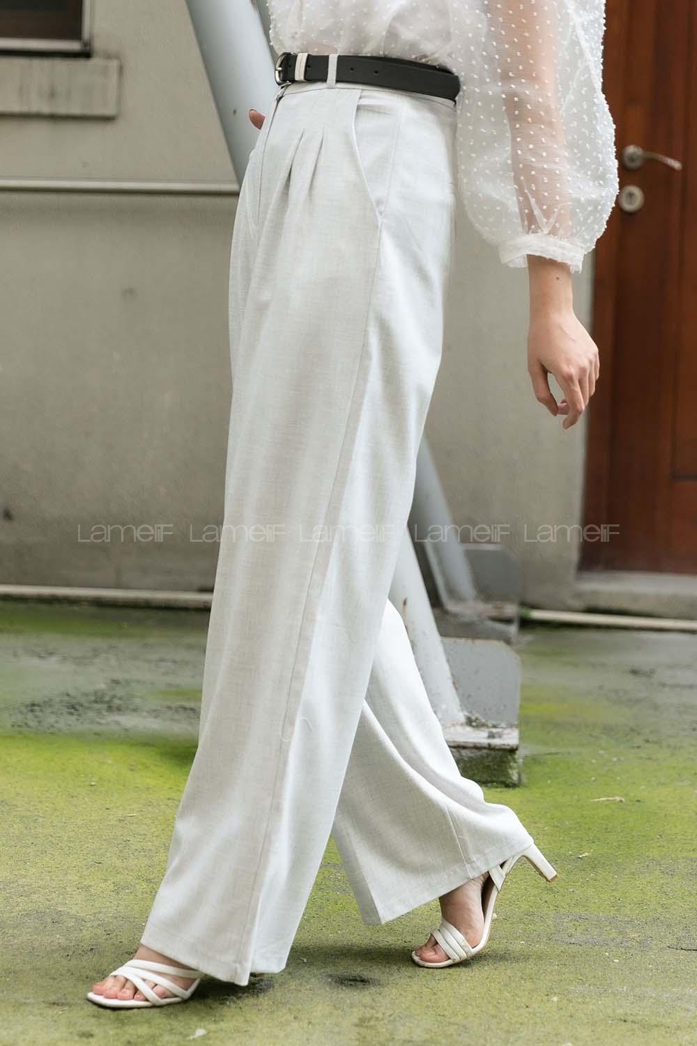 Modalamelif Pileli Bol Paça Pantolon Açık Gri