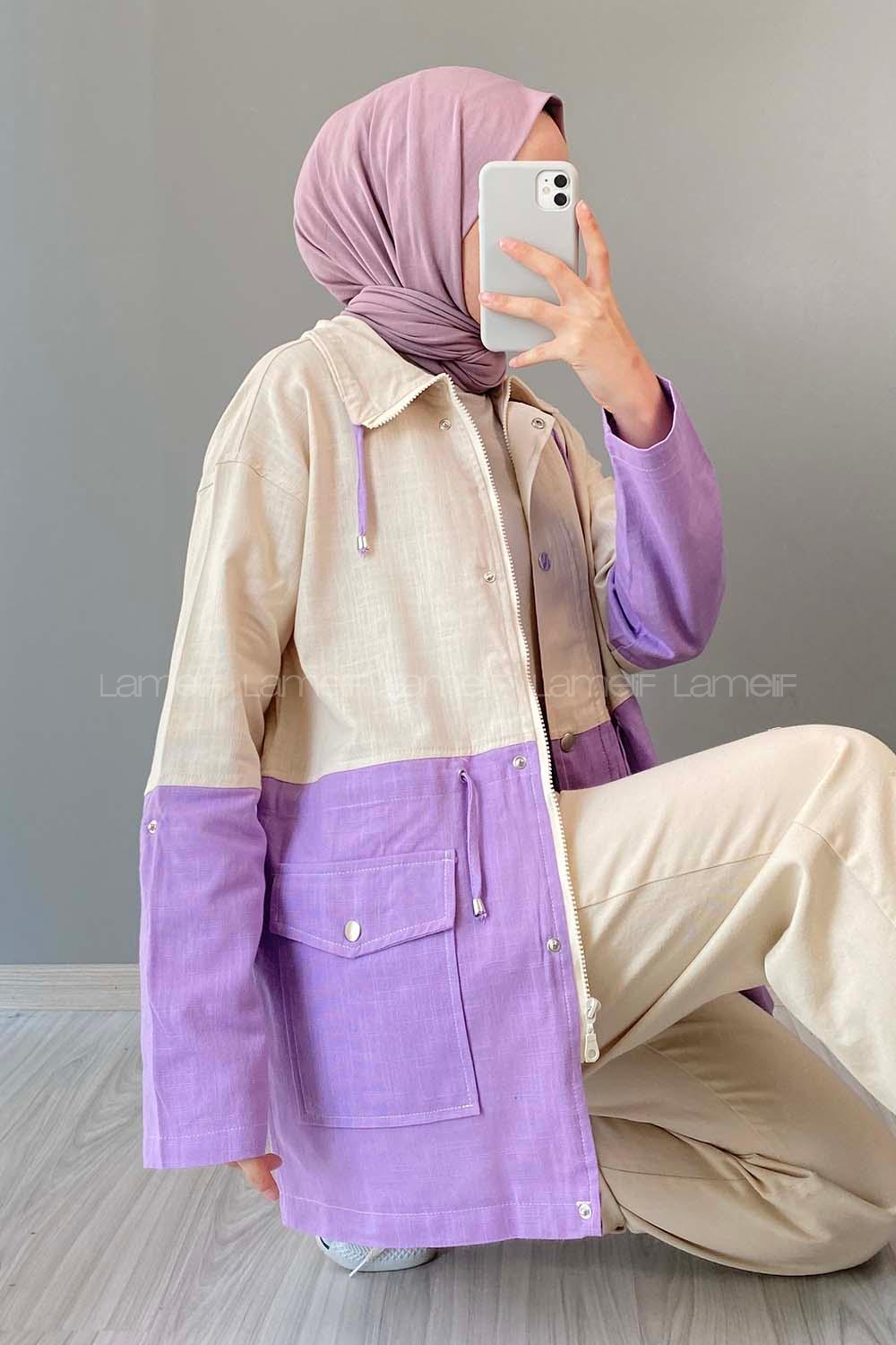 Modalamelif Renk Garnili Keten Ceket Lila