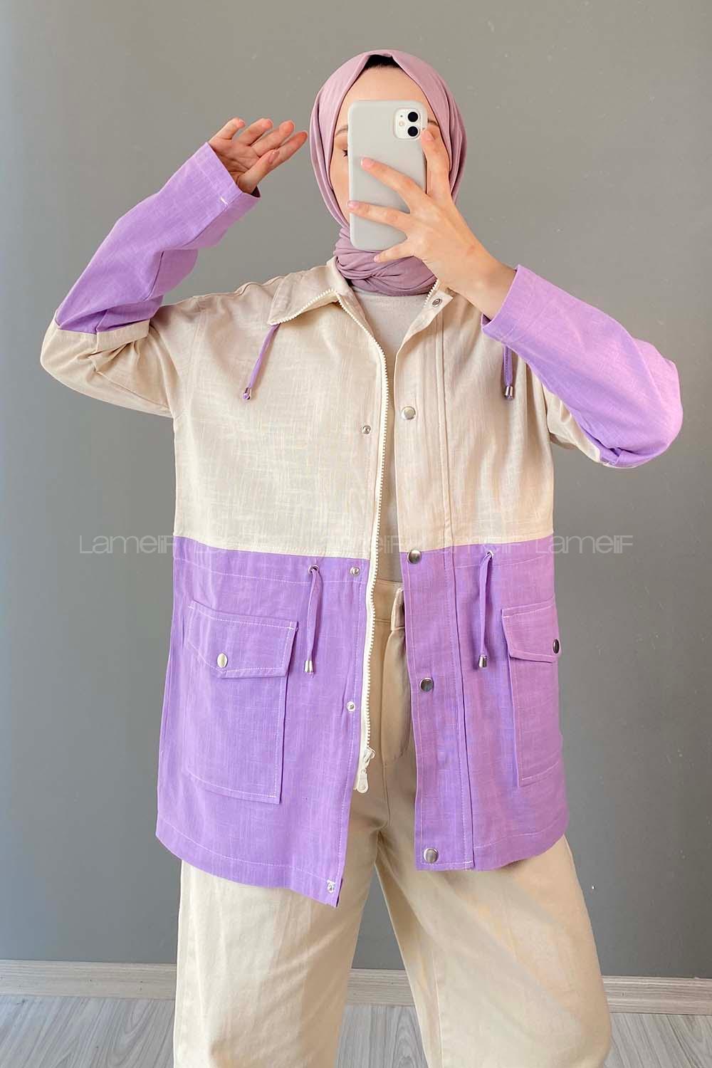 Modalamelif Renk Garnili Keten Ceket Lila