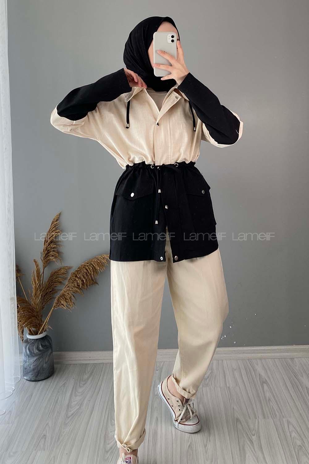 Modalamelif Renk Garnili Keten Ceket Siyah