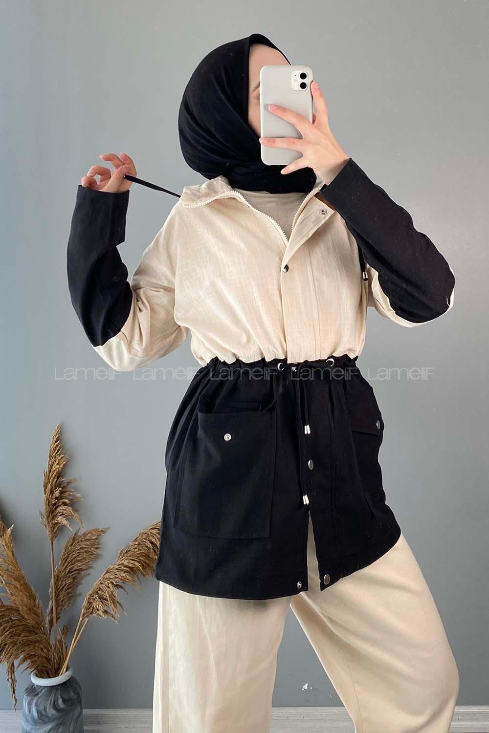 Modalamelif Renk Garnili Keten Ceket Siyah