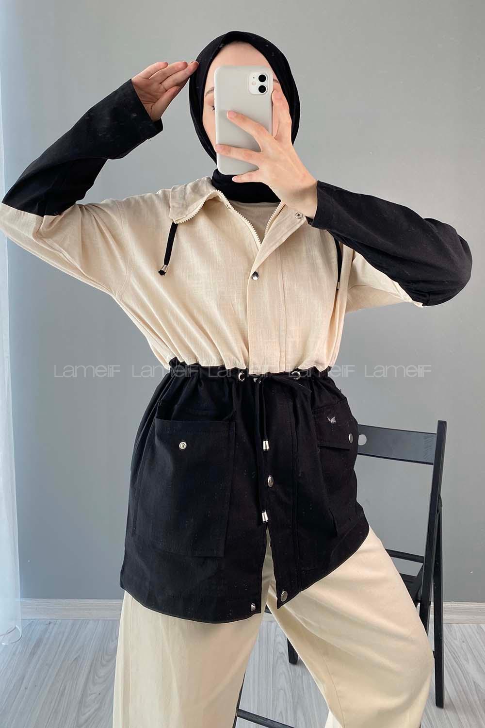 Modalamelif Renk Garnili Keten Ceket Siyah